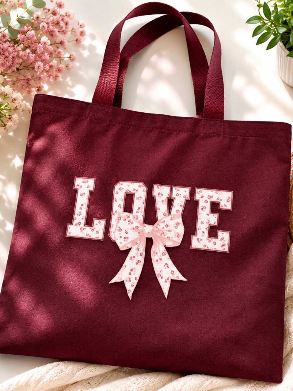 Maroon LOVE Floral Canvas Tote Bag